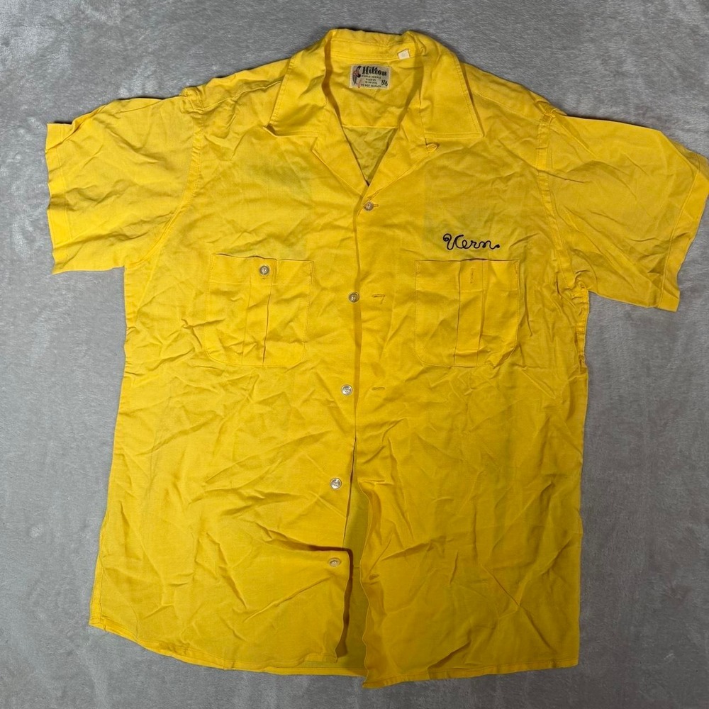 Vintage Hilton Chainstitch Bowling Work Shirt Yellow Geo Petersen Mens Medium